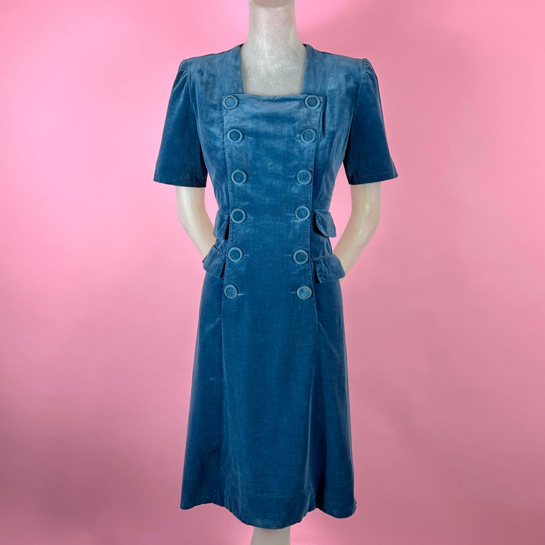 1940s Peacock Blue Velveteen Dress w/ Buttons