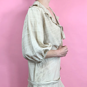 1920s Raw Silk Dress With Ruffles & Balloon Sleeves