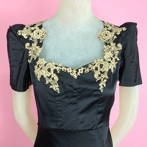 1930s Bis Cut Duchess Satin Gown With Metallic Guipure Lace