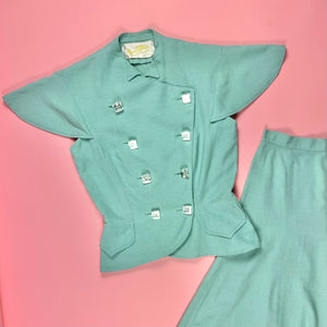 1940s Kay Collier 2 pc Mint Green Set w/ Oversized Lucite Gem Buttons