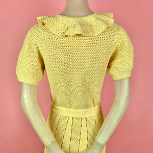 1930s Butter Yellow Crochet Dress w/ Wooden Flower Buttons