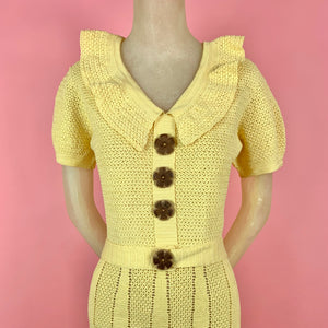 1930s Butter Yellow Crochet Dress w/ Wooden Flower Buttons