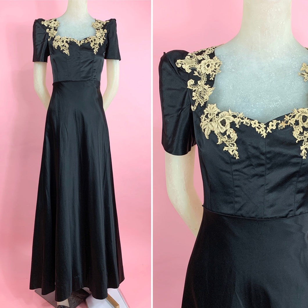 1930s Bis Cut Duchess Satin Gown With Metallic Guipure Lace