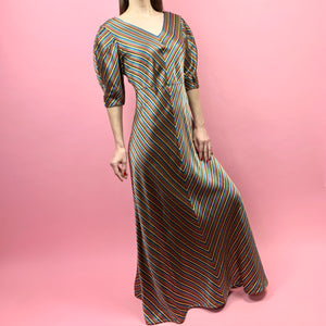 Bias Cut 1930s Rainbow & Metallic Striped Evening Gown