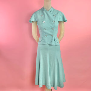 1940s Kay Collier 2 pc Mint Green Set w/ Oversized Lucite Gem Buttons