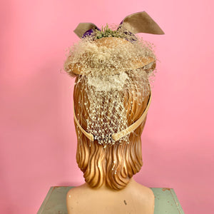 Late 1930s/ 1940s Victorian Style Tilt Hat w/ Flowers and Velvet Ribbon