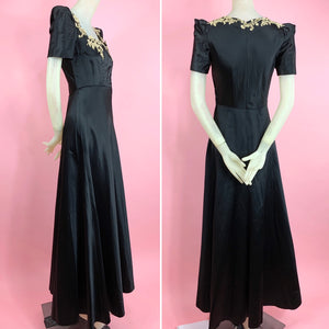 1930s Bis Cut Duchess Satin Gown With Metallic Guipure Lace