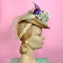 Load image into Gallery viewer, Late 1930s/ 1940s Victorian Style Tilt Hat w/ Flowers and Velvet Ribbon
