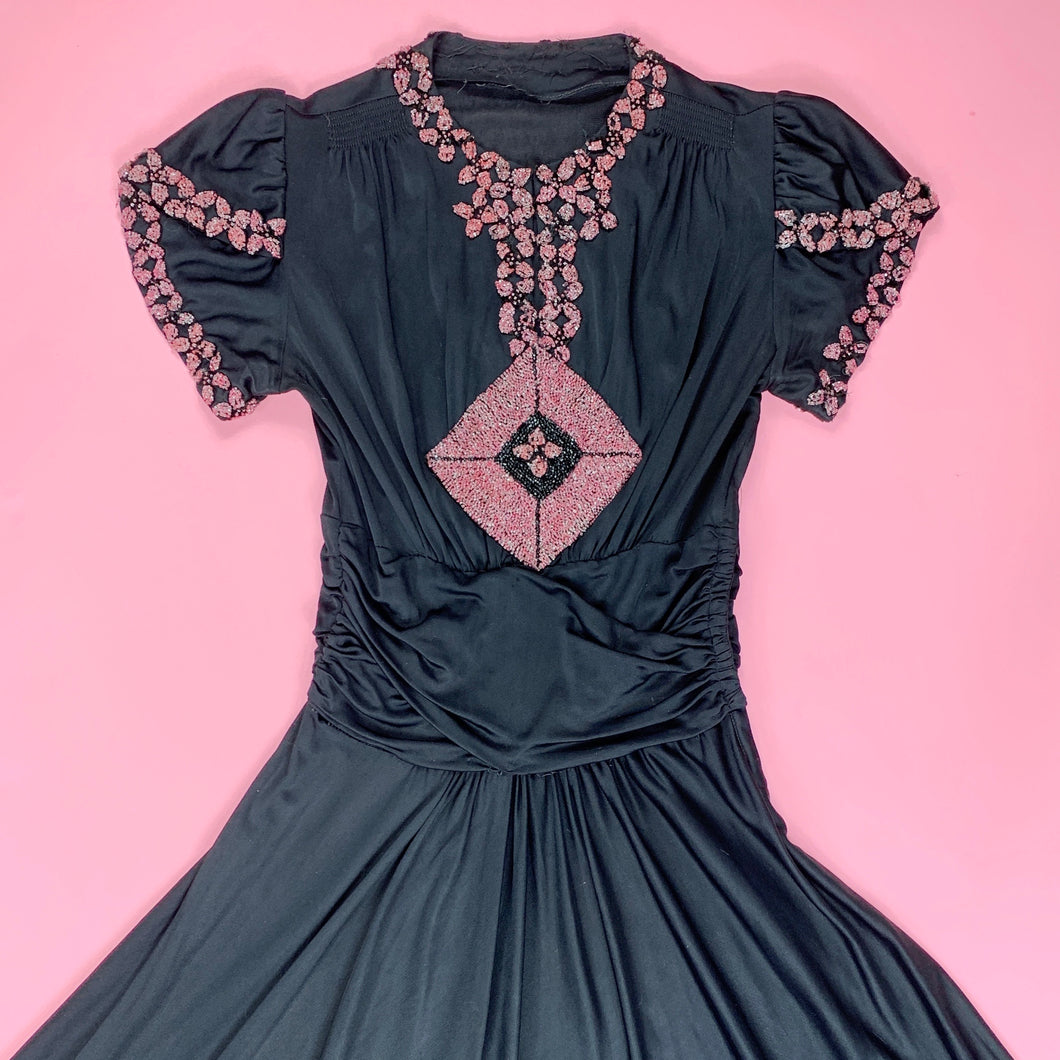1930s Rayon Jersey Gown With Pink Beading