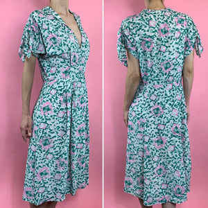 1940s Cold Rayon Novelty Print Dress With Scarf Shoulder Ties