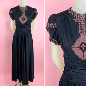 1930s Rayon Jersey Gown With Pink Beading