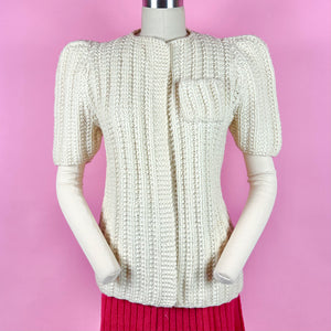 Early 1940s Chunky Knit Puff Sleeve Cardigan Sweater