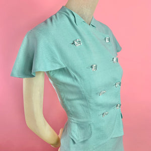 1940s Kay Collier 2 pc Mint Green Set w/ Oversized Lucite Gem Buttons