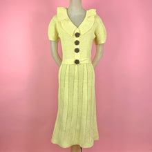 Load image into Gallery viewer, 1930s Butter Yellow Crochet Dress w/ Wooden Flower Buttons
