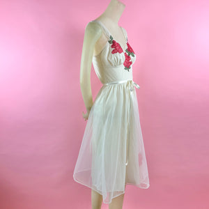 1960s Sheer Nylon Lingerie Dress w/ Lace Rose Appliqués