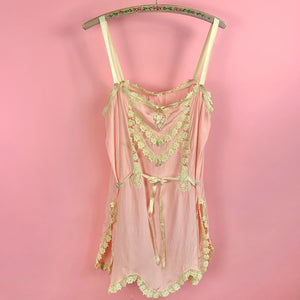 1920s Pink Step-In w/ Scalloped Hem, Lace & Ribbon Roses