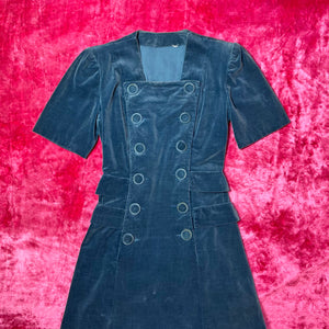 1940s Peacock Blue Velveteen Dress w/ Buttons