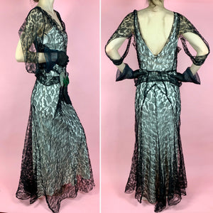 1930s Webby Silk Lace Gown With Green Velvet & Rhinestone Sash