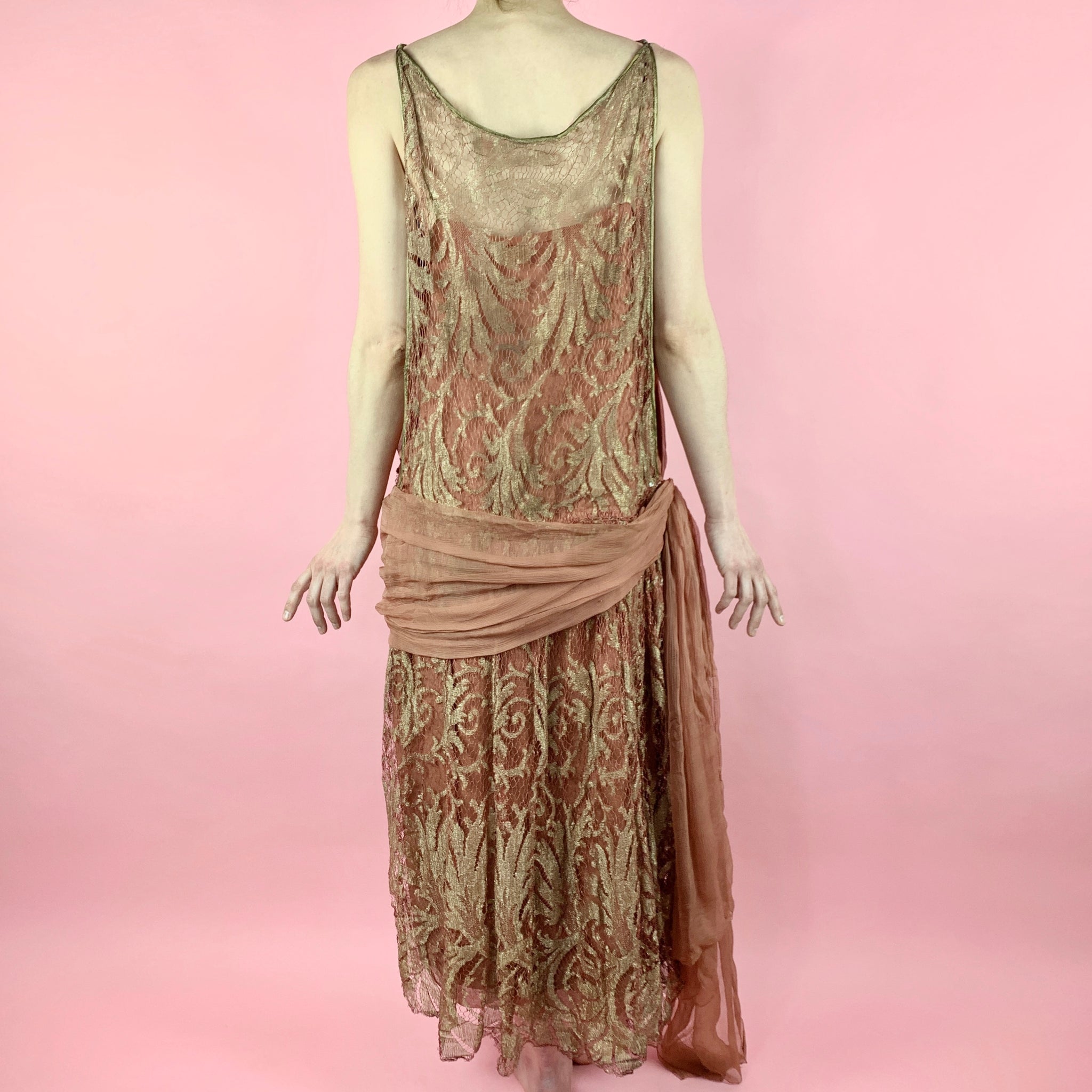 1920s Rose Gold Silk Chiffon Dress With Metallic Lace Moonbaby Vintage 1920s Rose Gold Silk Chiffon Dress With Metallic Lace Moonbaby Vintage
